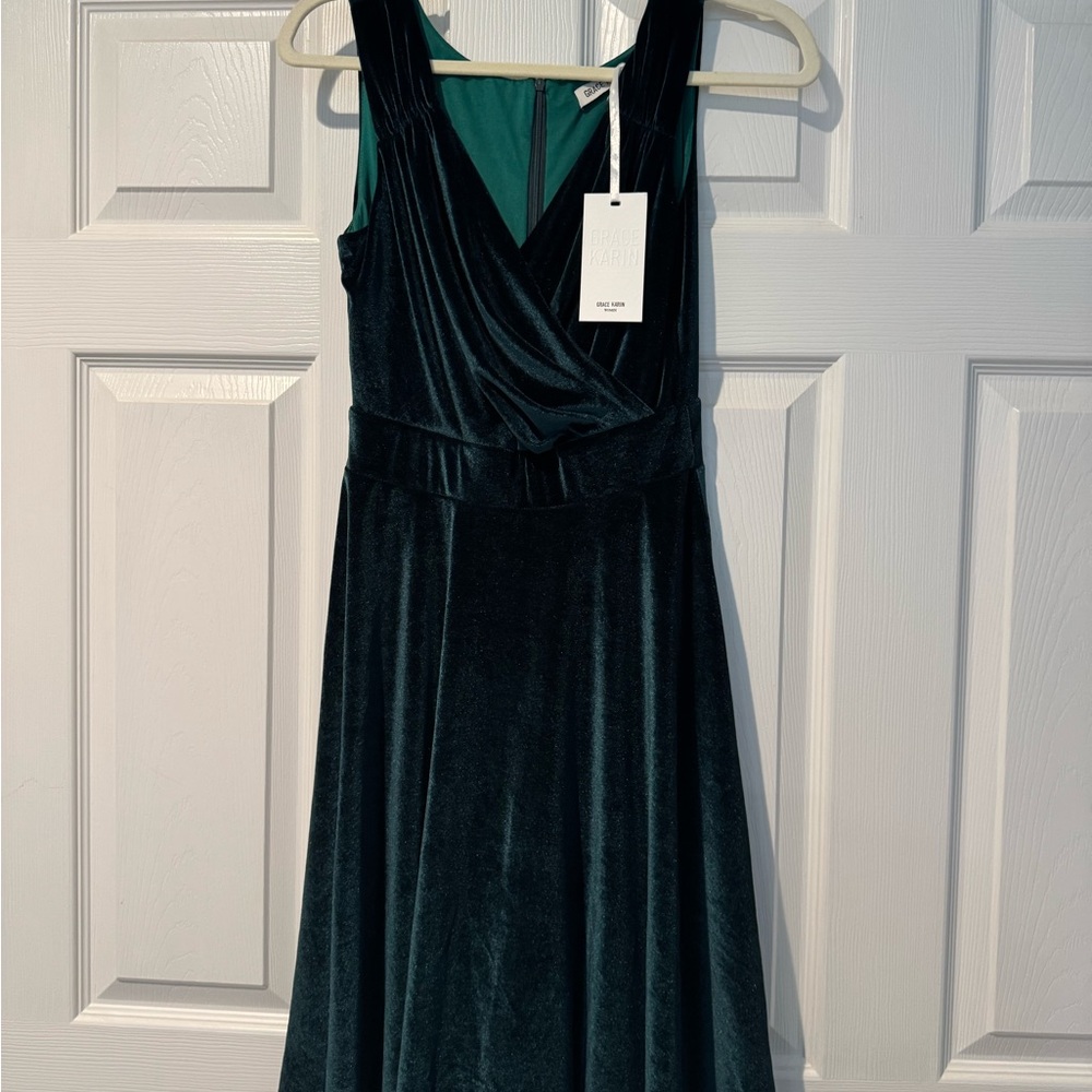 Grace Karin Teal Velvet Midi Dress